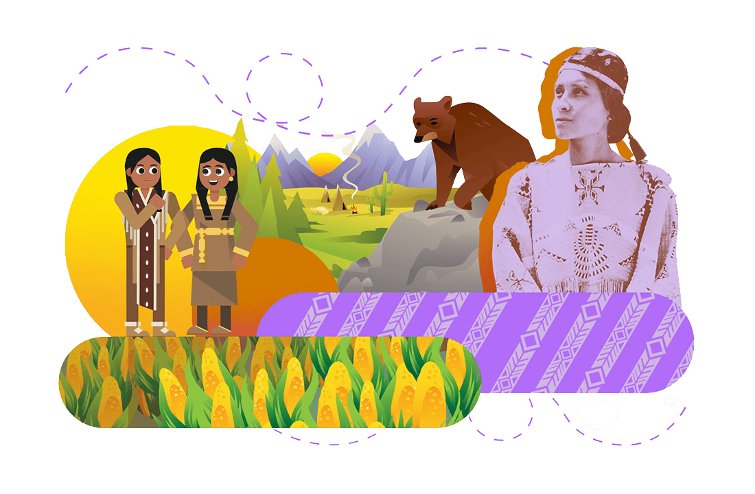 Illustration showing diverse cultural representations: two native american figures, a bear in a forest, and a medieval european woman, all set against colorful abstract backgrounds.