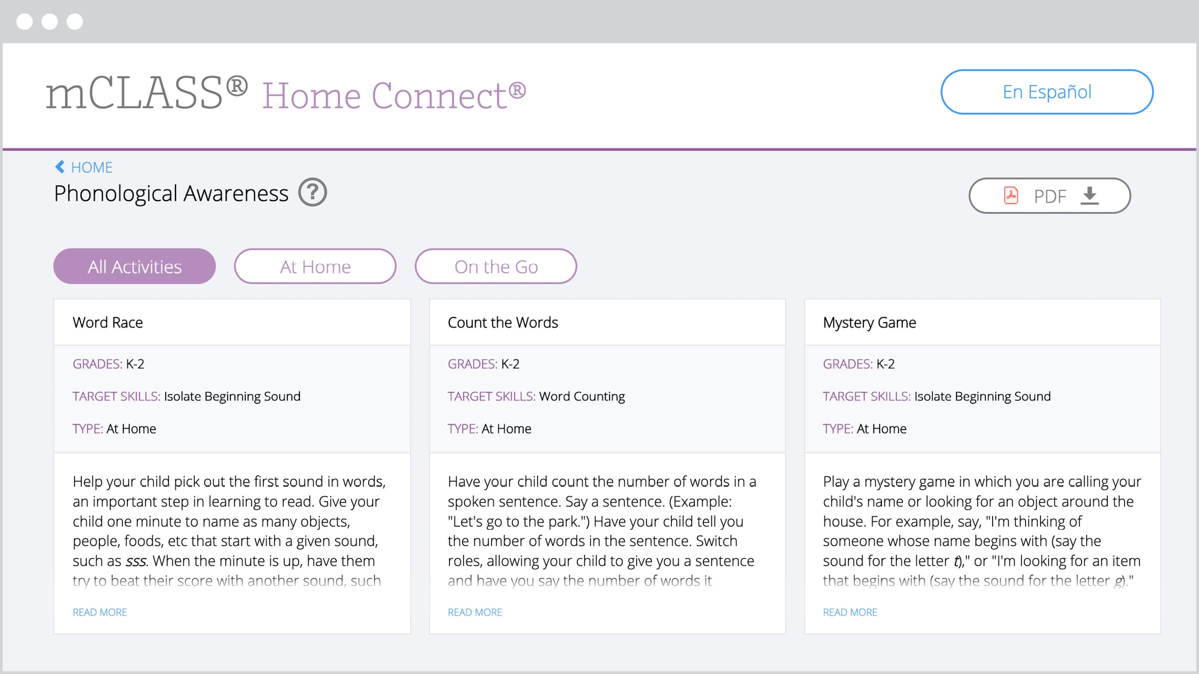 Screenshot of the mclass home awareness webpage displaying educational games and activities for children, categorized by setting and skill level.