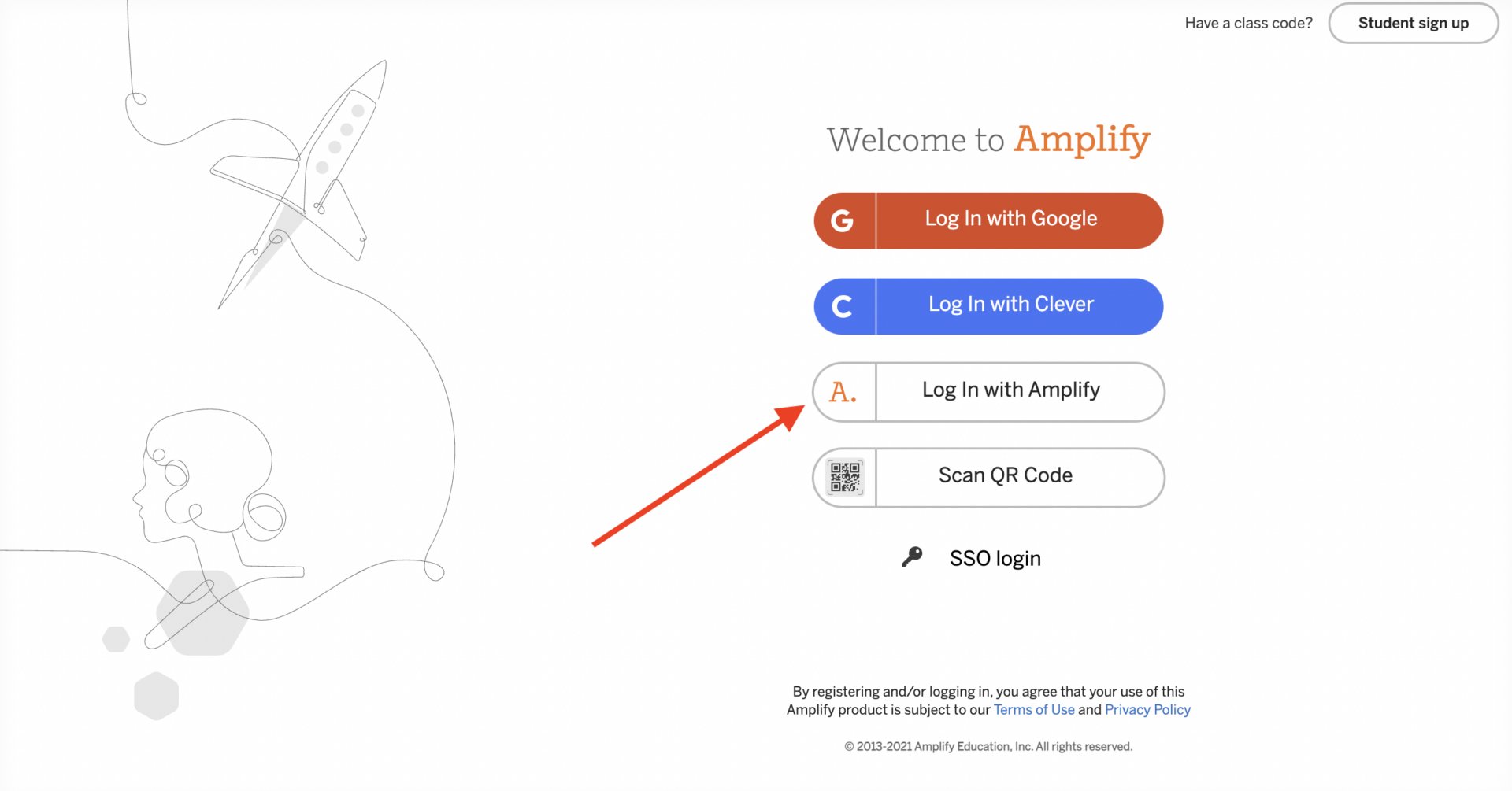 Screenshot of a login page with options to log in with google, clever, amplify, and a qr code, highlighted by a red arrow pointing at the 