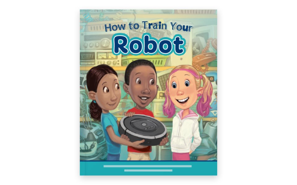 Three children of diverse backgrounds smiling and holding a robot, with the title 