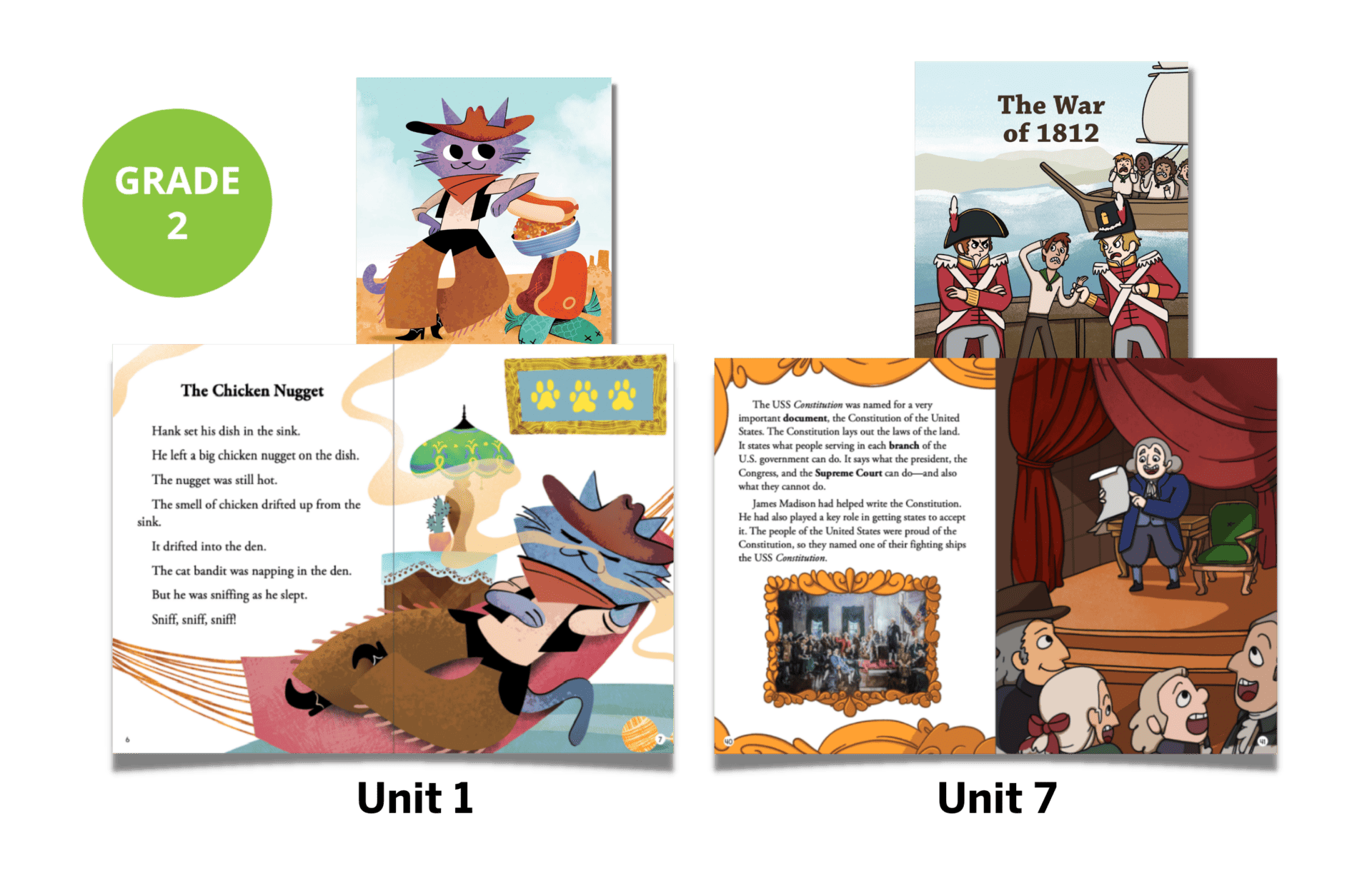 Open educational book for grade 2, showing illustrations and text about a chicken nugget story and the war of 1812.
