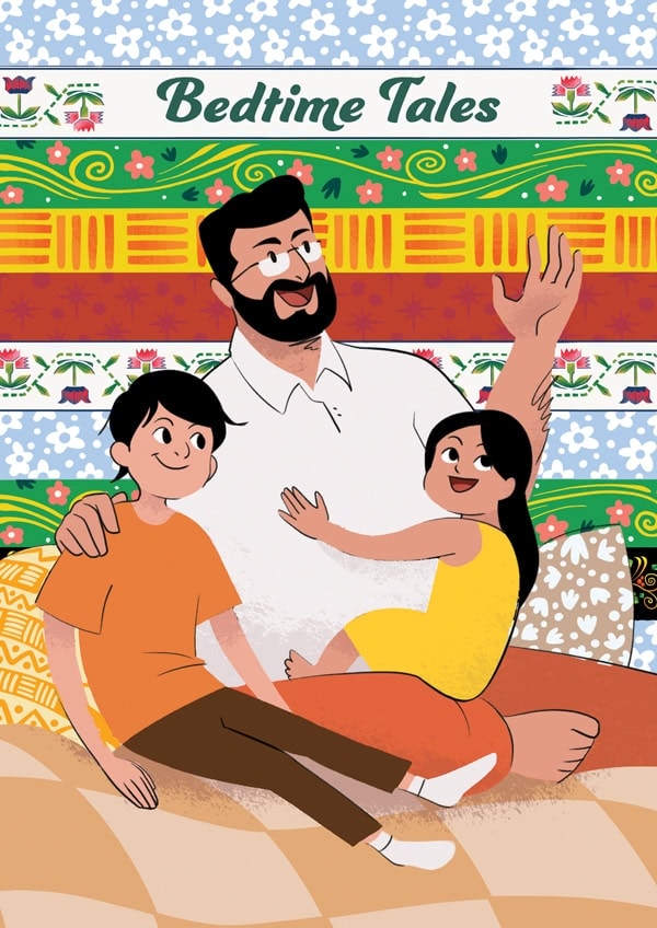 Illustration of a man in a white shirt sitting with two children, a boy in orange and a girl in yellow, under the title 