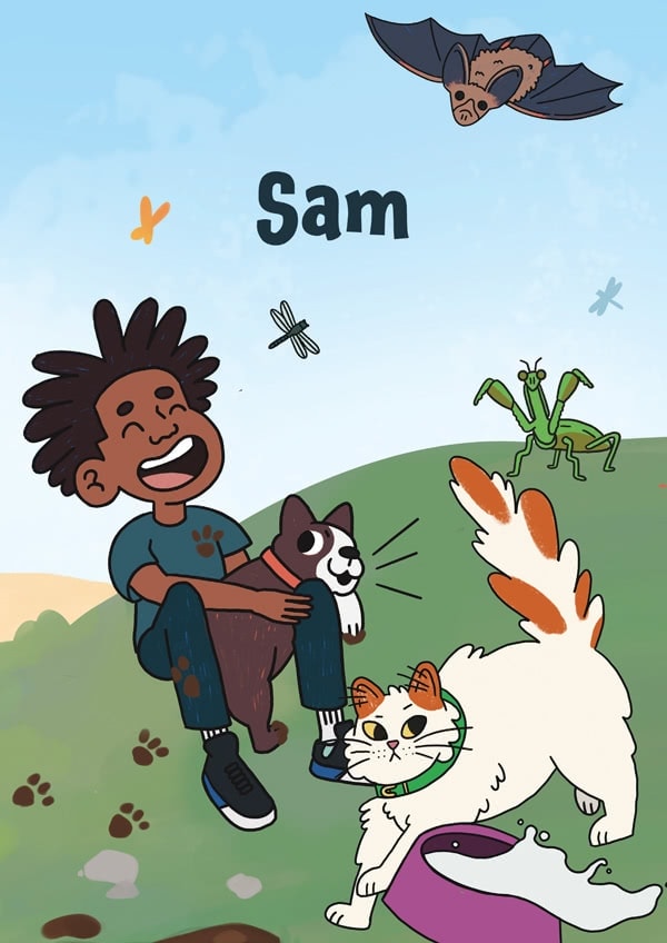 A joyful boy named Sam holding a black and white cat, with a playful dog beside them, under a sky with a flying bat and a mantis as part of an online language arts curriculum scene.