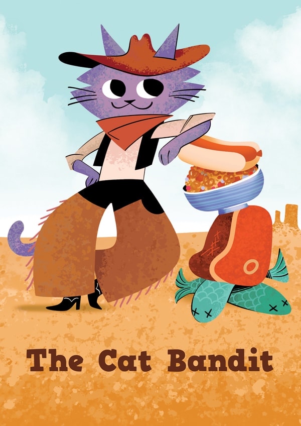 Illustration of a cartoon cat dressed as a bandit with a hat and cape, holding a fishbowl, standing by a 