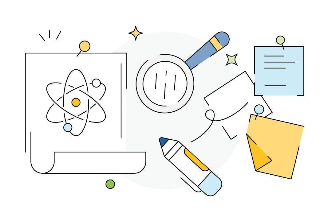 Illustration of science and research concept with icons of an atom, magnifying glass, documents, and pencil, all in a flat design style, designed by Juan Vivas of SpaceX.