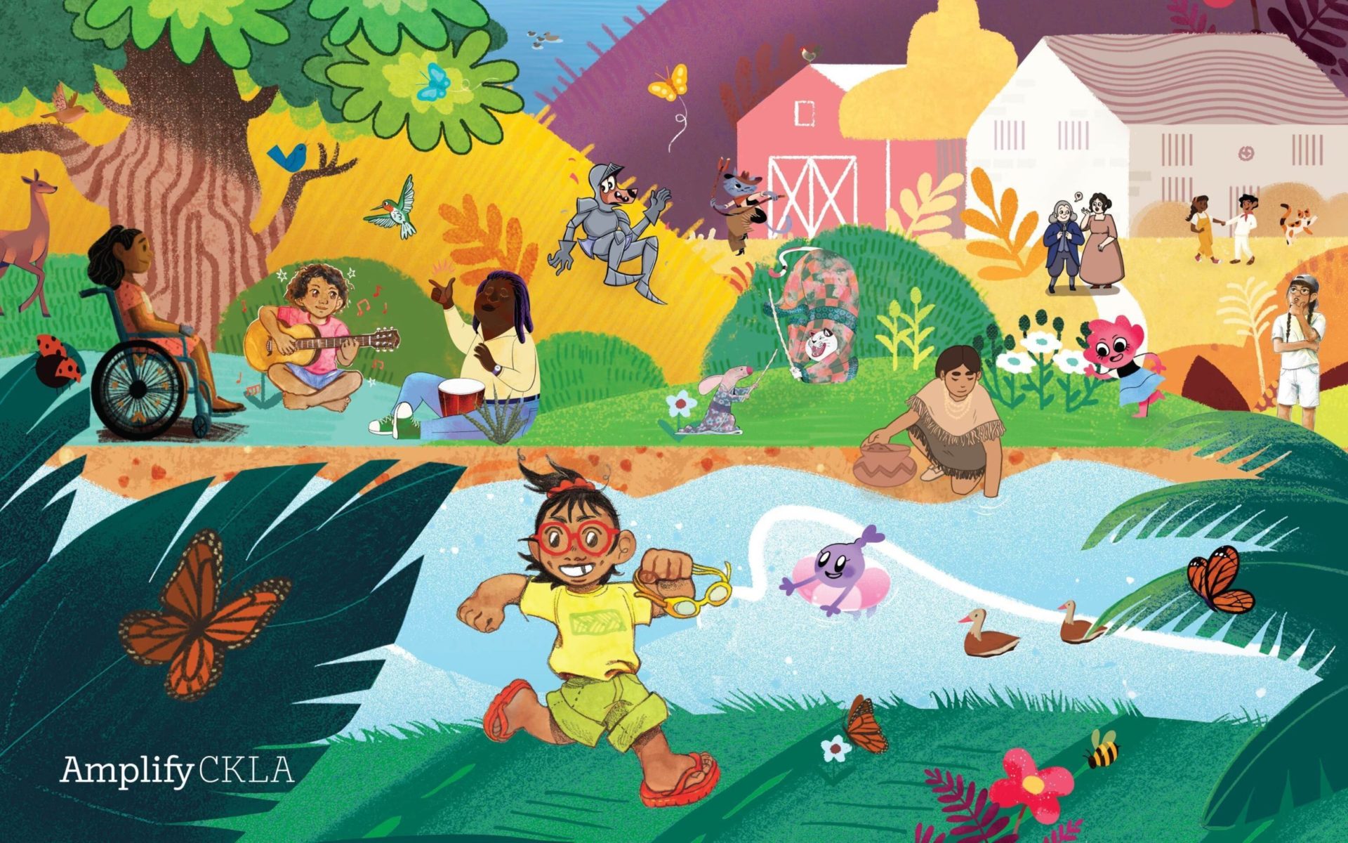 A vibrant illustration depicting diverse children and animals engaged in various activities in nature and by a pond.