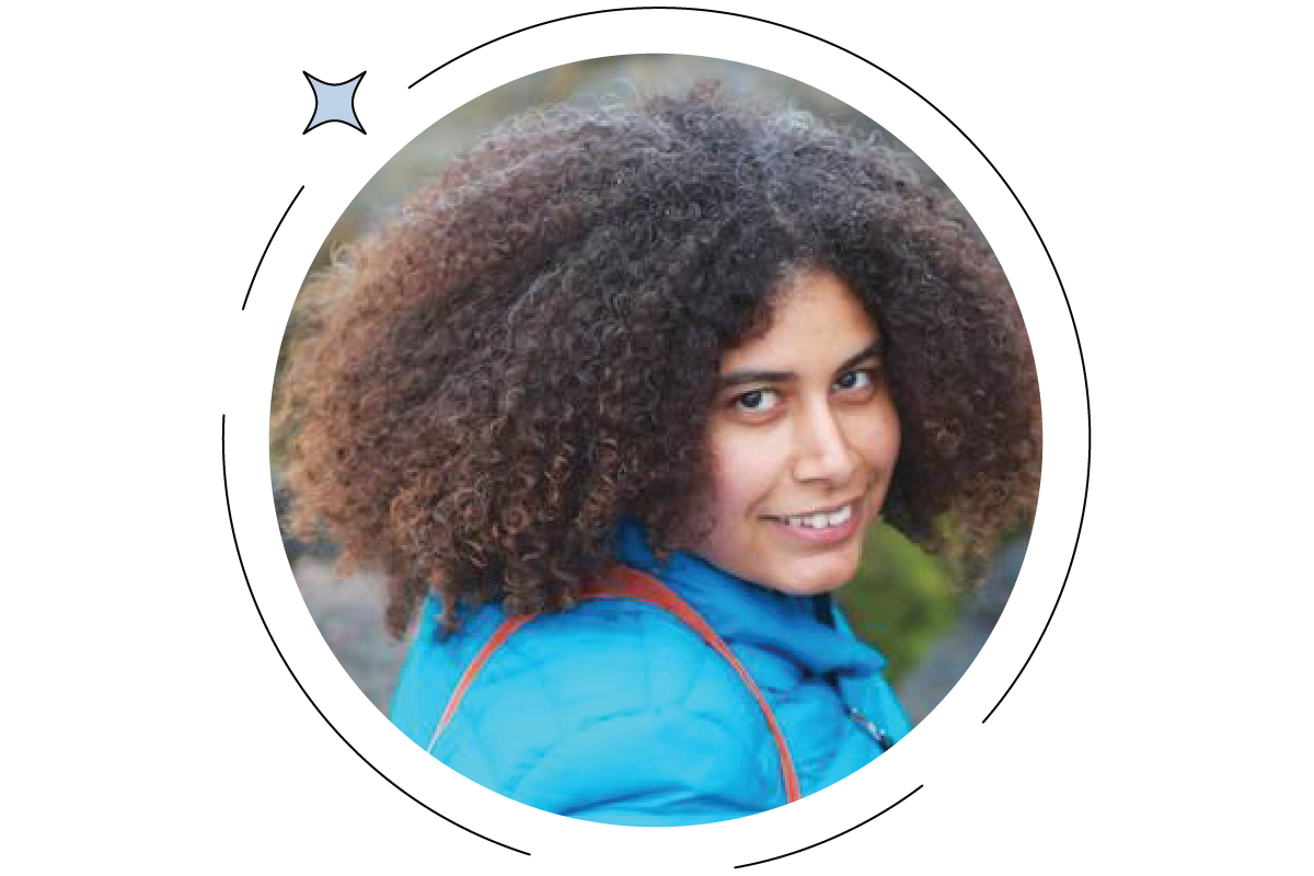 Portrait of a SpaceX Engineer, a woman with curly hair, smiling over her shoulder, framed in a circular border with a star design in the corner.