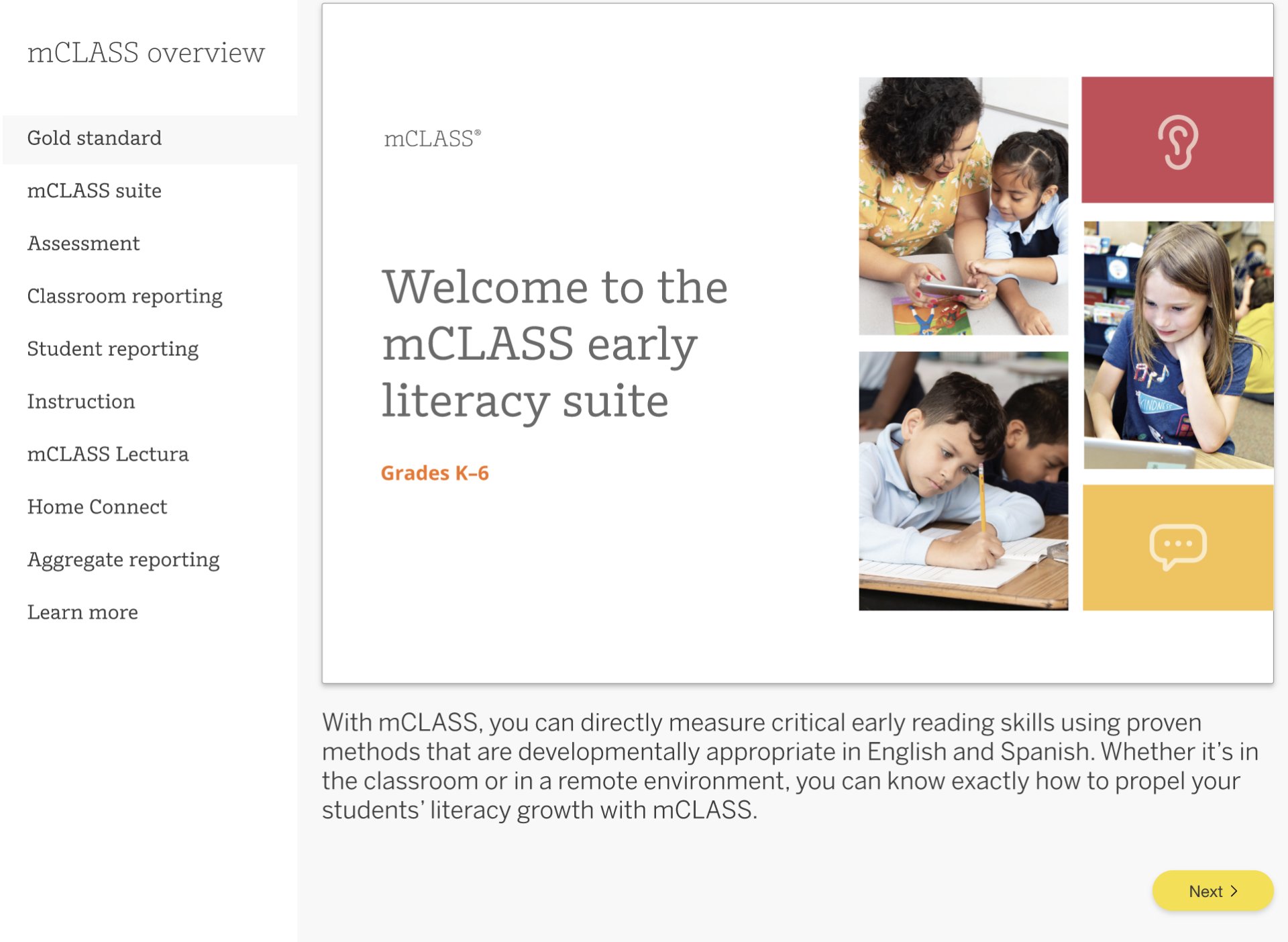 A promotional graphic for mclass literacy suite describing benefits for grades k-6, featuring text and images of children engaging in classroom activities.