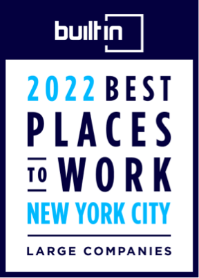 Logo for built in's 2022 best places to work in New York City for large companies, highlighting top careers, featuring bold white and light blue text on a dark blue background.