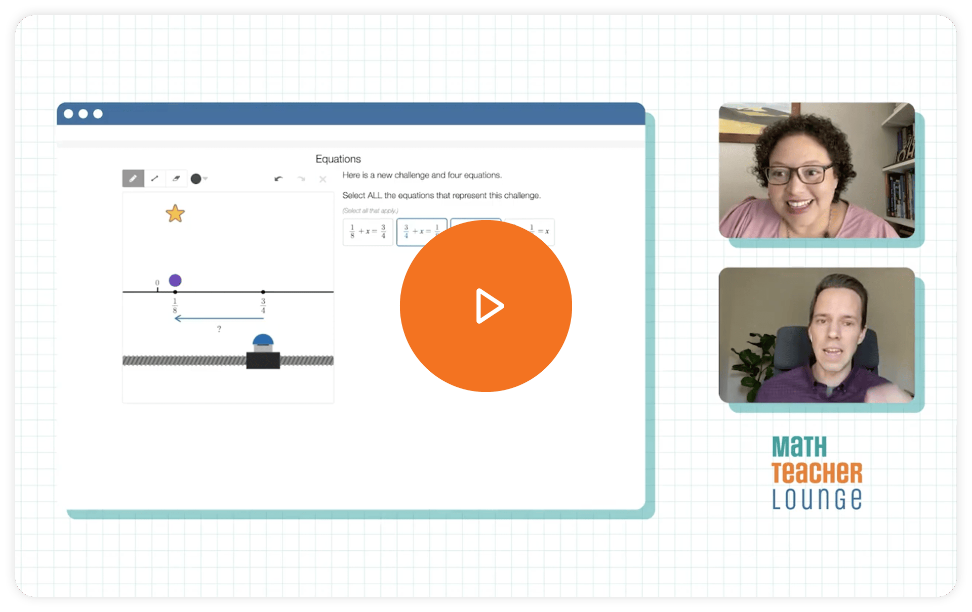 Screenshot of an online math podcast session showing a math equations slide, with two engaged math educators visible in separate video call windows.