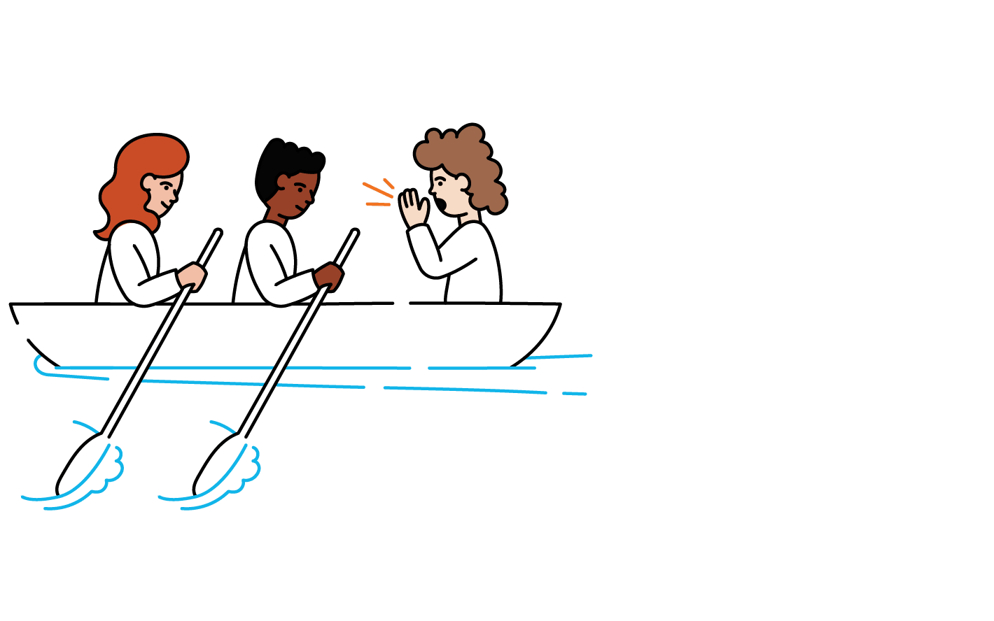 Three people in a boat, rowing and conversing, with one gesturing while speaking. the background is plain green, and the water is represented by simple blue lines.