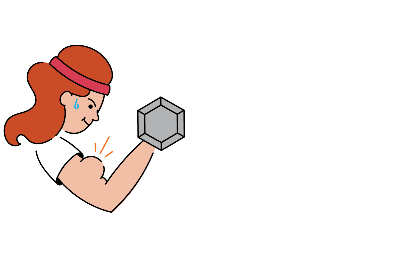 A cartoon image of a woman with red hair, wearing a cap, flexing her arm muscles and holding a grey dumbbell, against a green background.