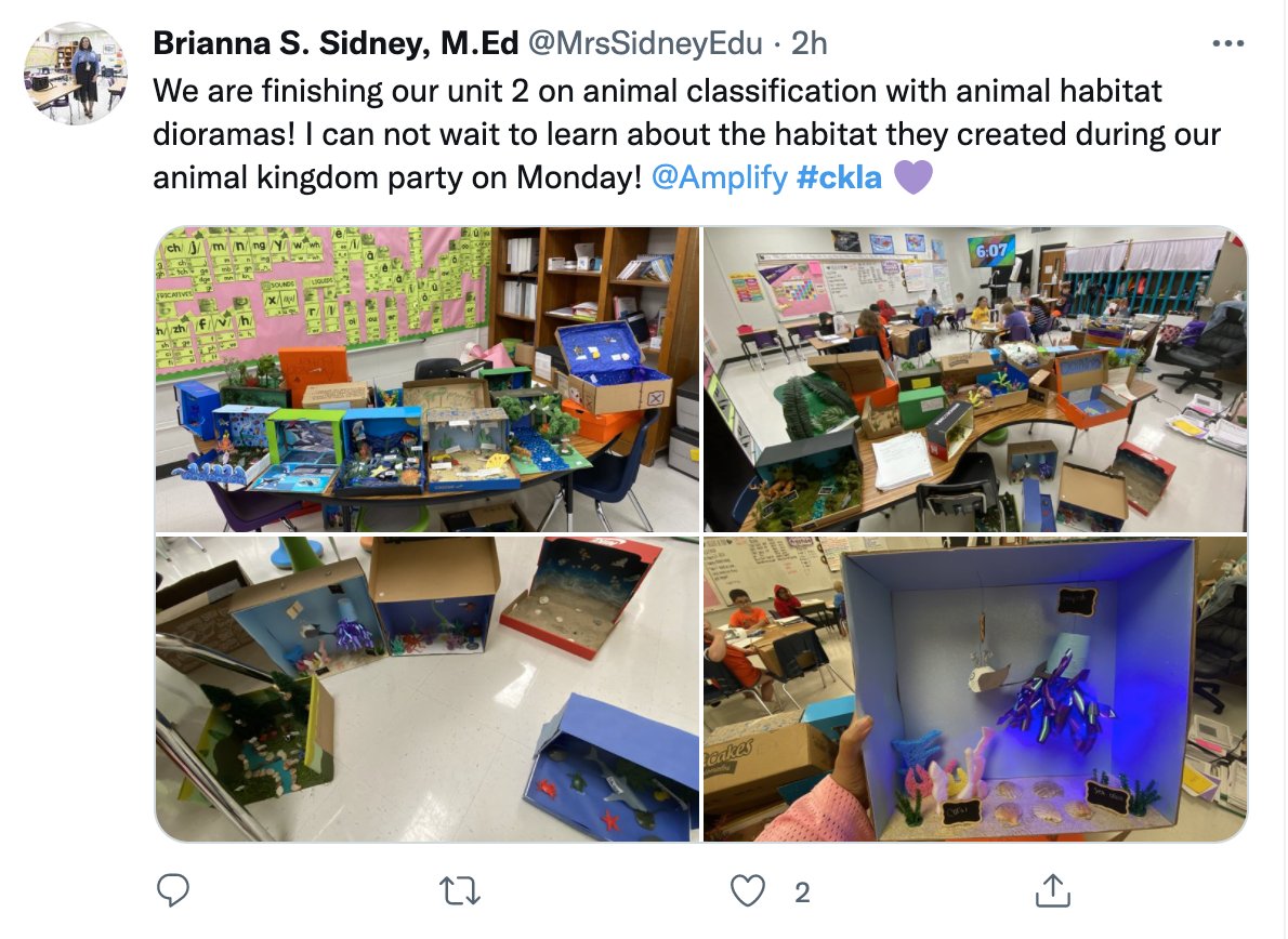 twitter post with four classroom images of animal classification dioramas