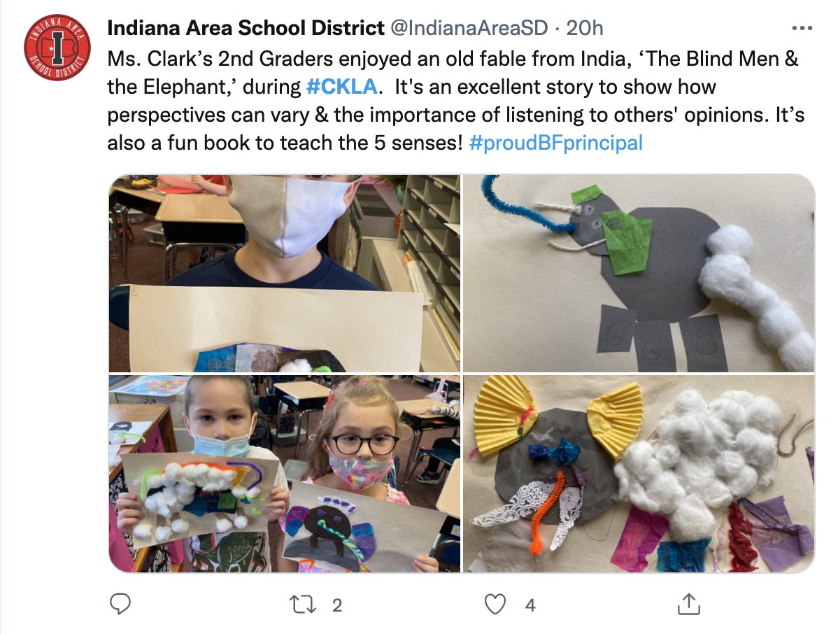 twitter post with four classroom images of student’s five senses, animal creations.