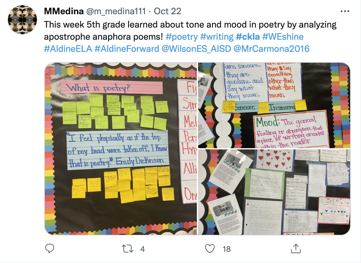 twitter post with three classroom bulletin boards displaying components of the poetry lesson and student work