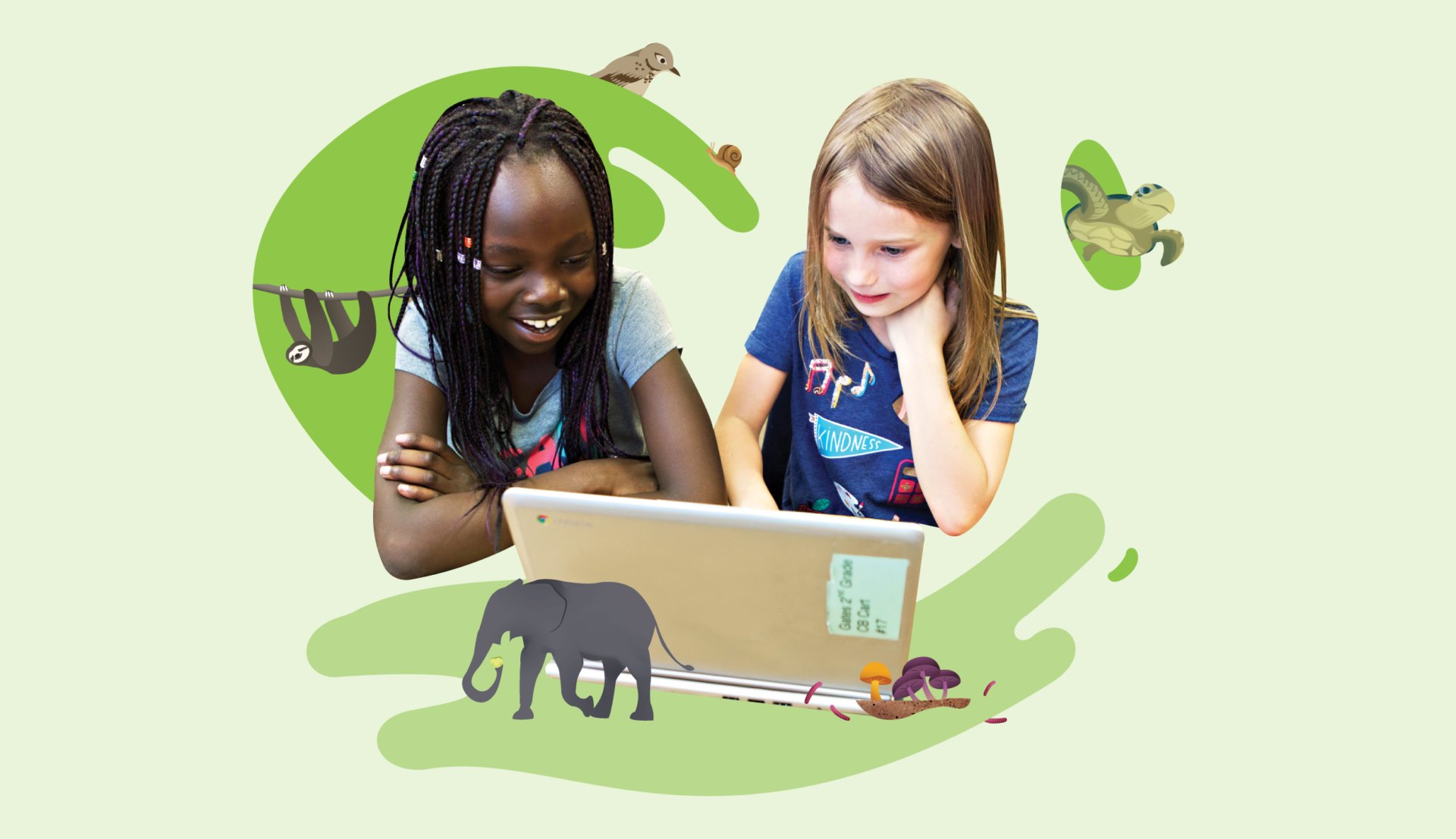 Two girls coding together on a laptop, surrounded by illustrated animals on a green abstract background.