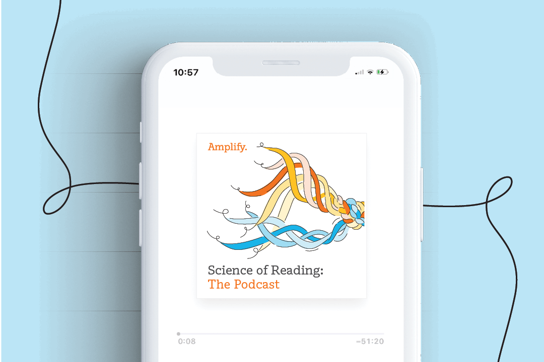 Smartphone displaying a podcast titled 'amplify. the science of reading books' with an illustration of colorful abstract ribbons on the screen.
