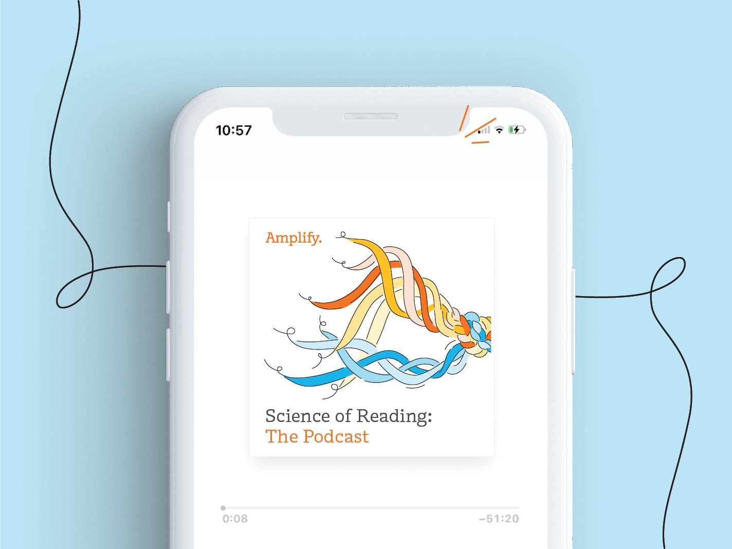 Smartphone displaying the Science of Reading podcast app screen with a colorful graphic of intertwined sound waves and text overlays.