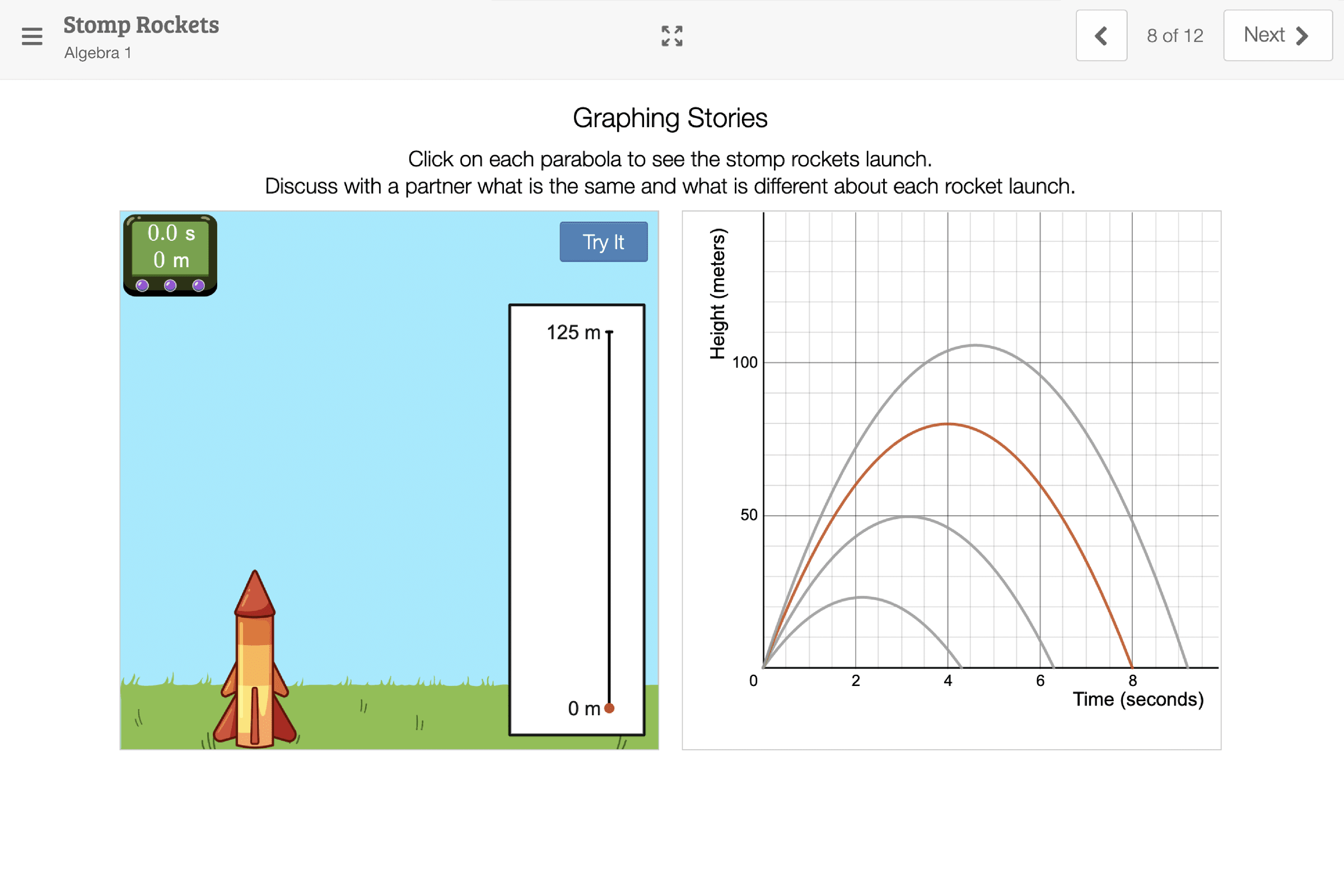 Educational math programs interface showing a simulation with a rocket at ground level on the left, and a graph on the right displaying three rocket trajectory curves.