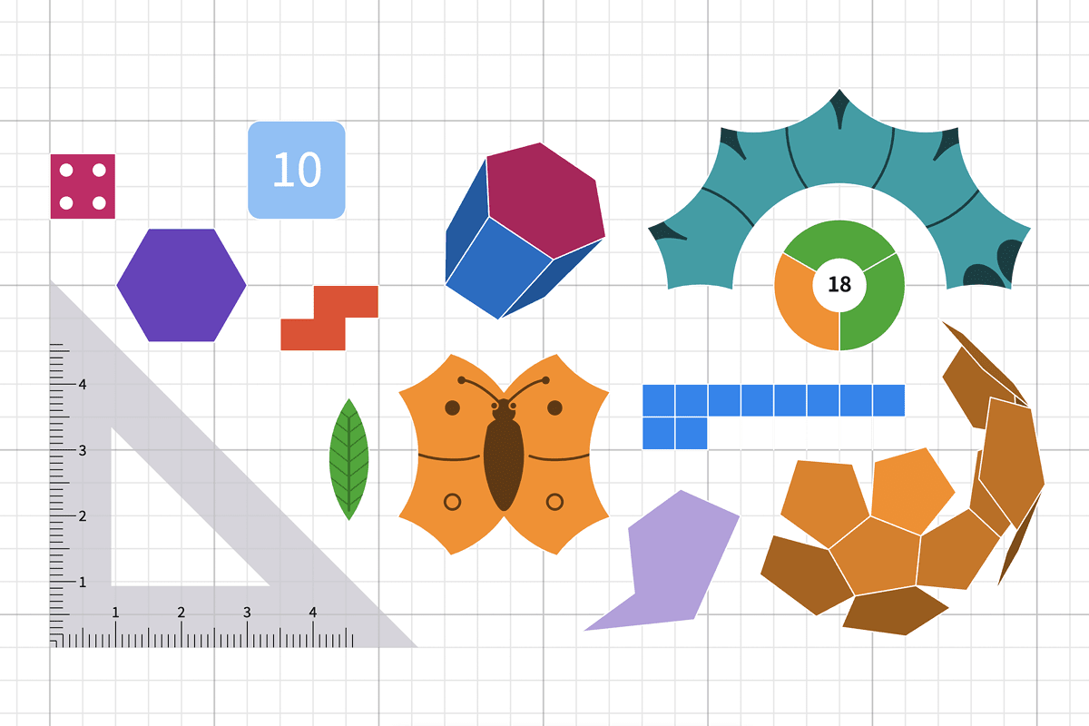 Illustration of various geometric shapes and objects like dice, ruler, and leaves on a grid background, symbolizing math or geometry concepts.