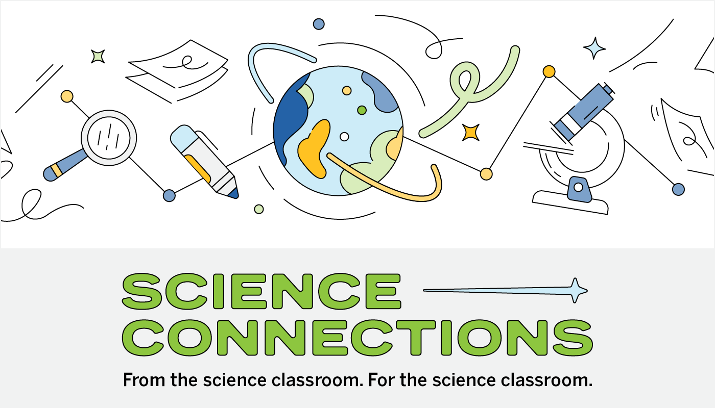 Illustration of science classroom-related icons, including a globe, microscope, and atoms, with the text 
