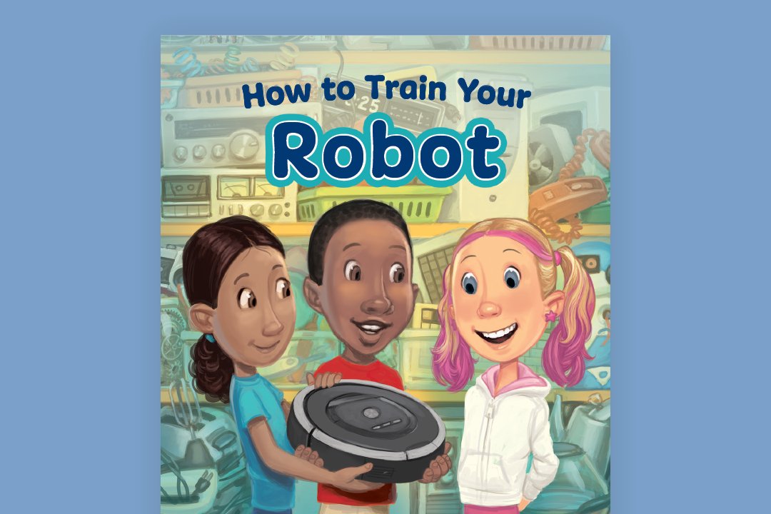 Three children hold a robot, featured on the cover of a book titled 