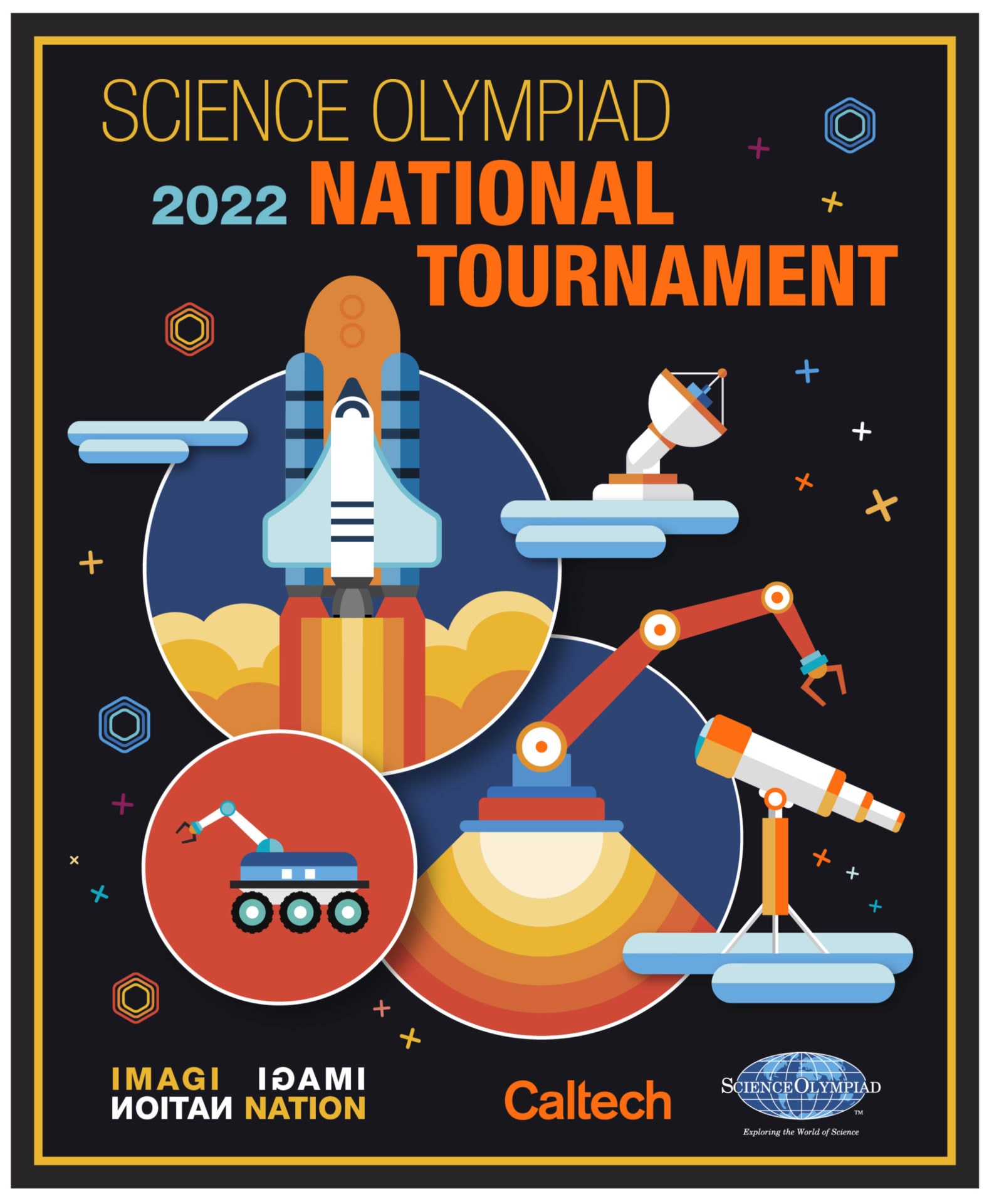 Poster for the 2022 science classroom olympiad national tournament featuring colorful illustrations of a space shuttle, rover, telescope, and robotic arm, with a 