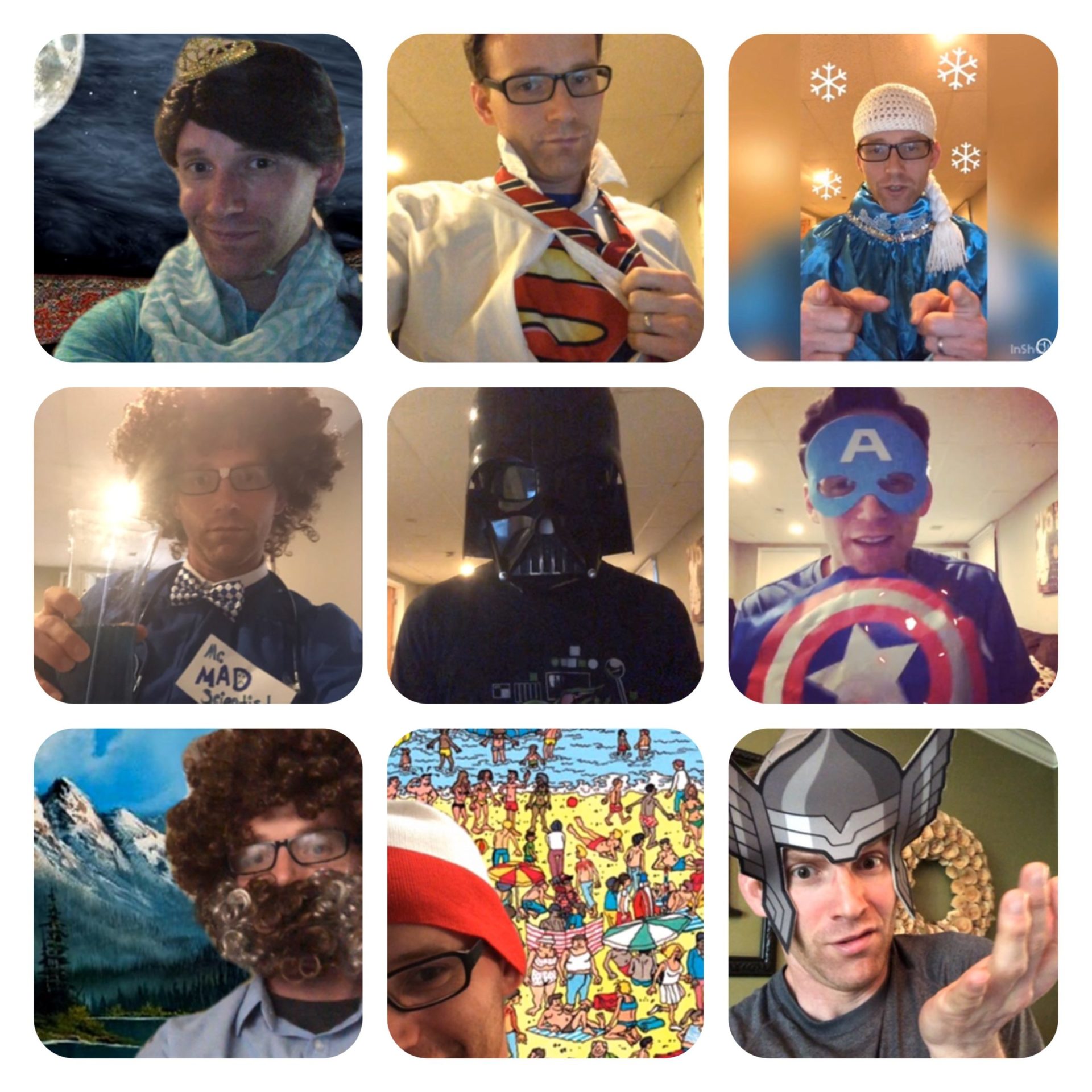 A collage featuring a man in various costumes and poses, including superhero outfits and a scenic mountain background, ideal for science students.