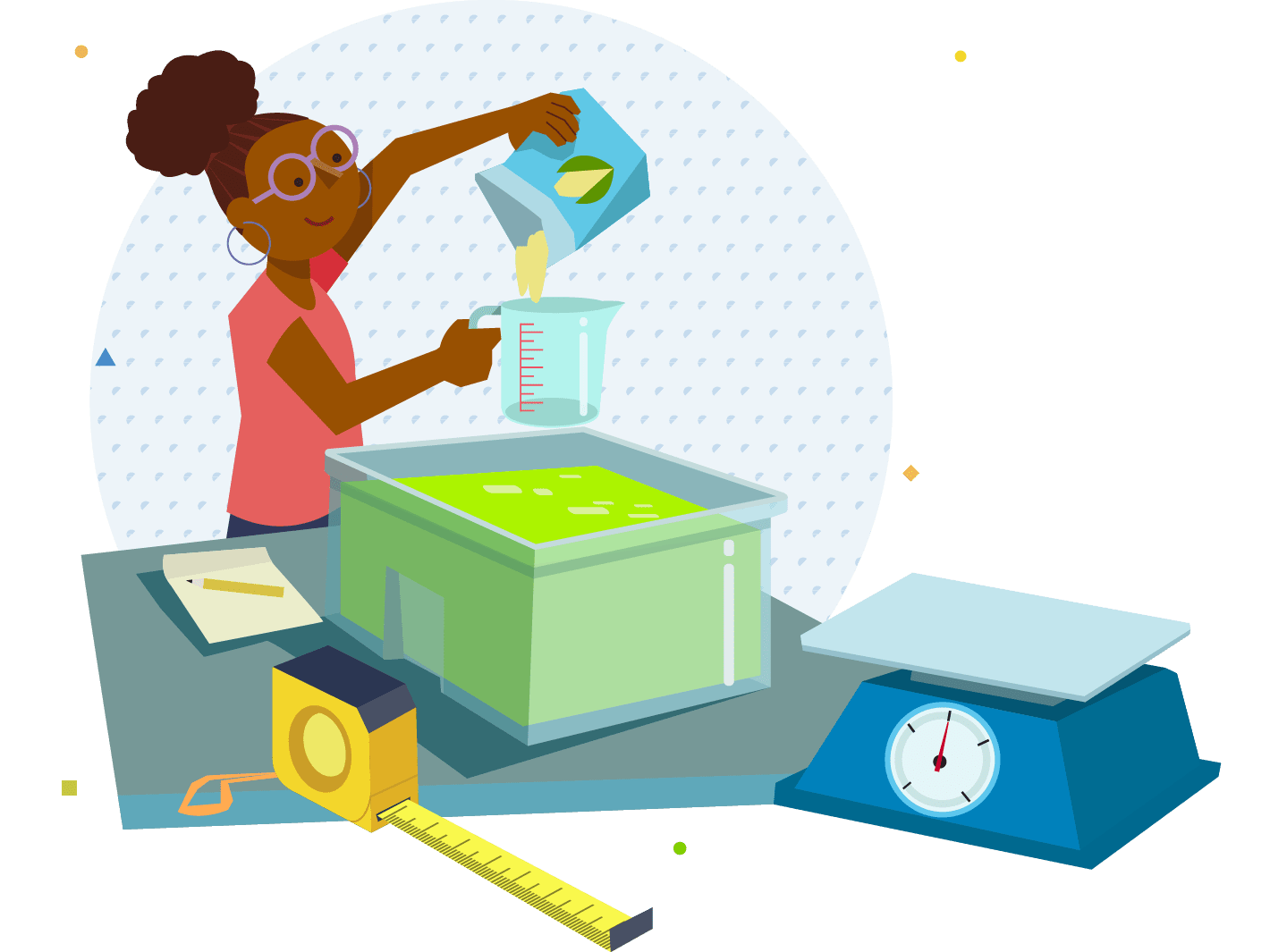 A young girl solving a K-12 mathematics problem by pouring liquid into a container, surrounded by various lab equipment like a scale and measuring tape.