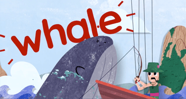 Animated image of a man in a boat, startled by a large whale surfacing from the ocean, with the phrase 