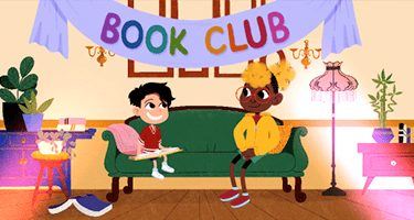 Boy and girl read together at book club.