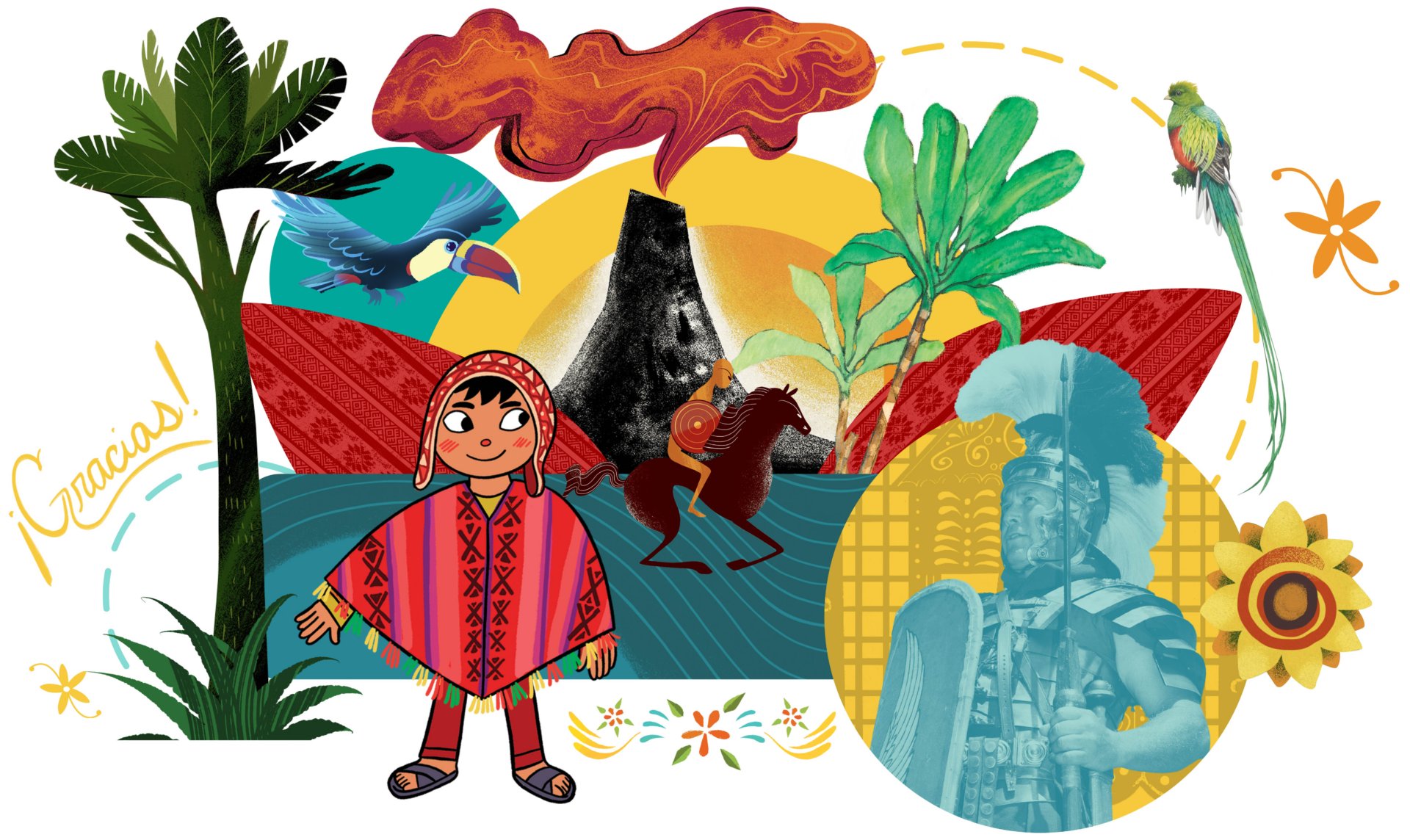 Colorful illustration depicting a tropical scene with a volcano, wildlife, and a child in traditional attire, surrounded by symbols of ancient civilization and nature.