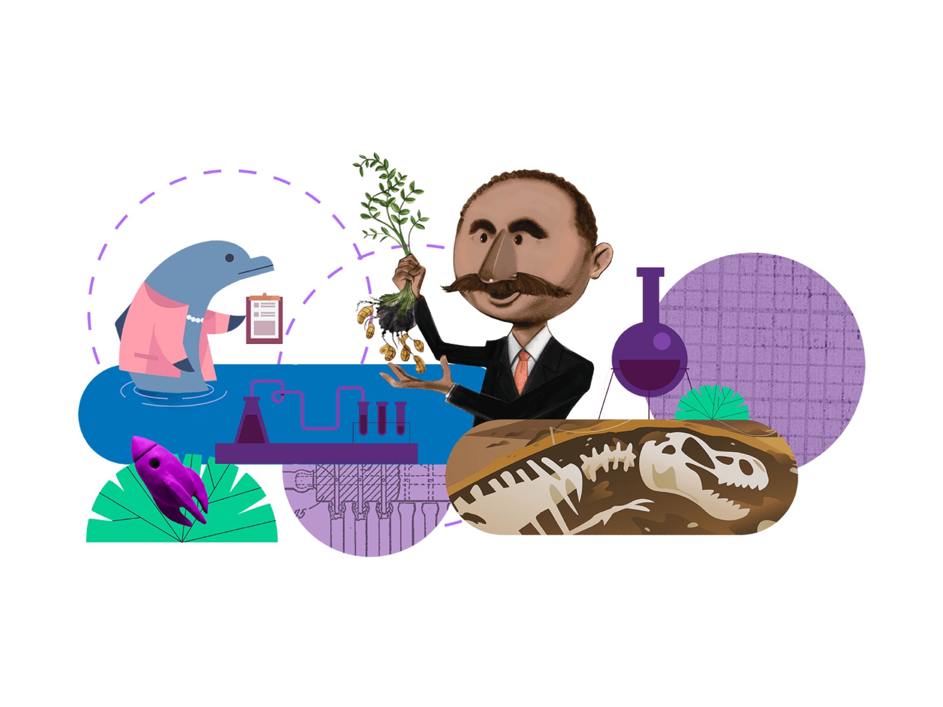 Illustration combining various elements: a man in a suit with a tree sapling, stylized animals, scientific equipment from Amplify CKLA, and a fossil, overlaid with geometric shapes.
