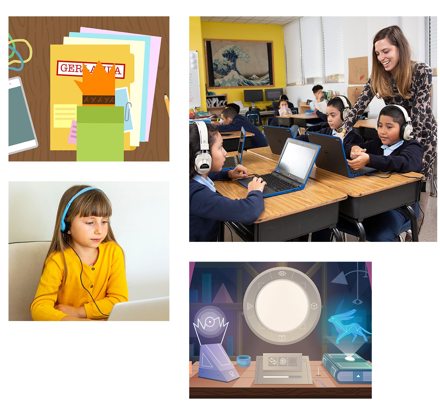 Collage of four educational settings: books and devices graphics for the Boost Reading program, a teacher assisting children in a classroom, a girl learning on a laptop, and an illustration of digital learning tools.