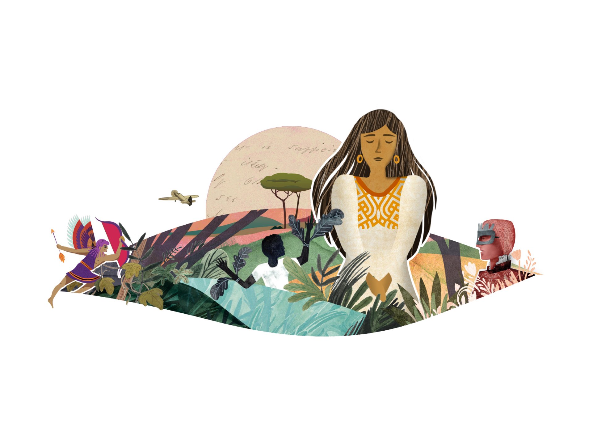 Illustration of a diverse ecosystem featuring a woman in traditional attire, various plants, a bird, and a mailbox, set against a sunset backdrop, designed to amplify ELA 6–8 reading comprehension