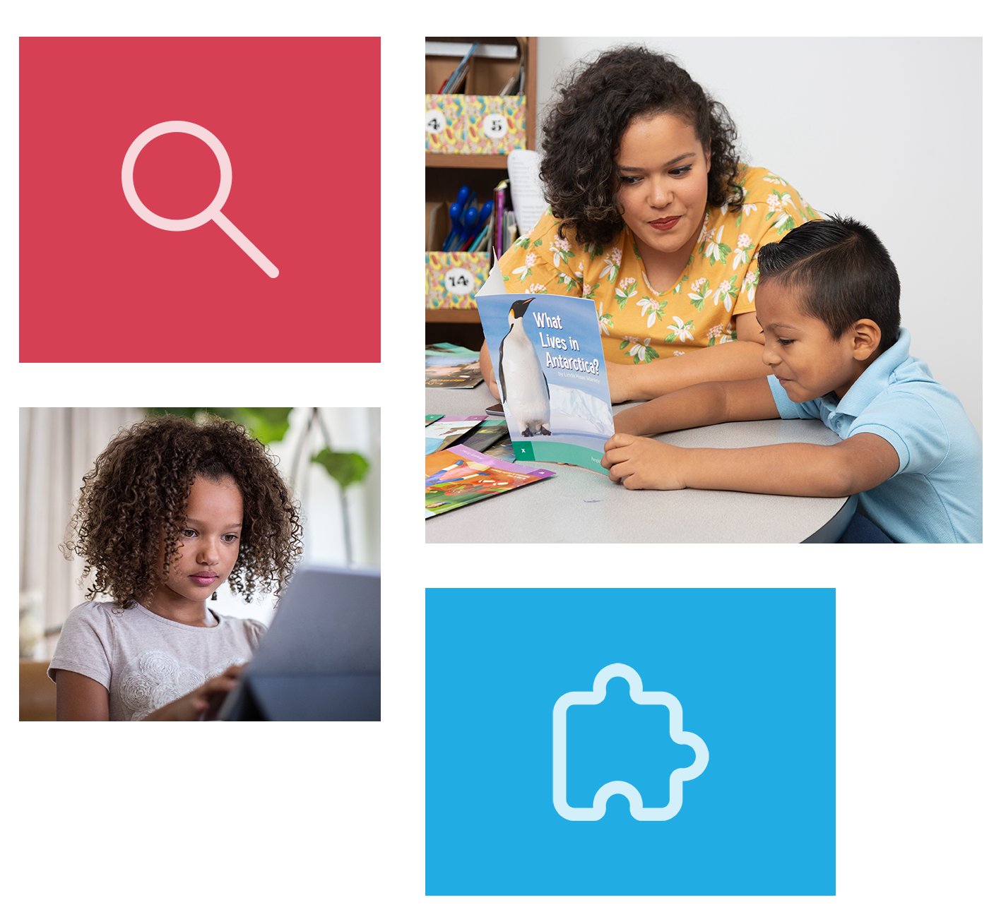 Collage de cuatro imágenes: un ícono de lupa, una mujer enseñando a un niño, una niña usando una computadora portátil mclass y un ícono de pieza de rompecabezas.