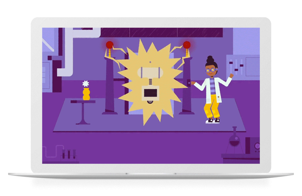 Una imagen animada de una mujer con una bata de laboratorio animando cerca de una gran y brillante máquina Amplify CKLA que emite chispas dentro de un laboratorio.