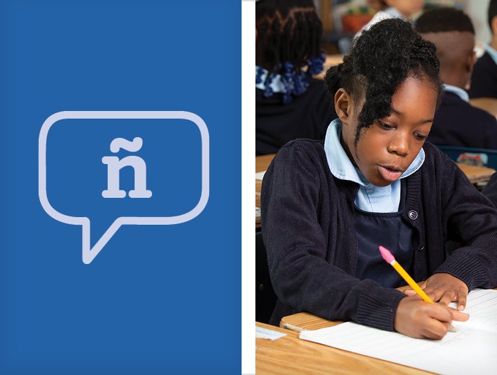 A young student in a school uniform focused on writing in a notebook in a classroom setting, with a speech bubble containing the ñ letter on a blue background during an mCLASS assessment.