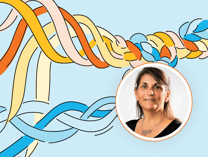 A woman with dark hair pulled back smiles gently, placed next to a colorful illustration of intertwined wavy ribbons on a light blue background, representing the dual language assessment.