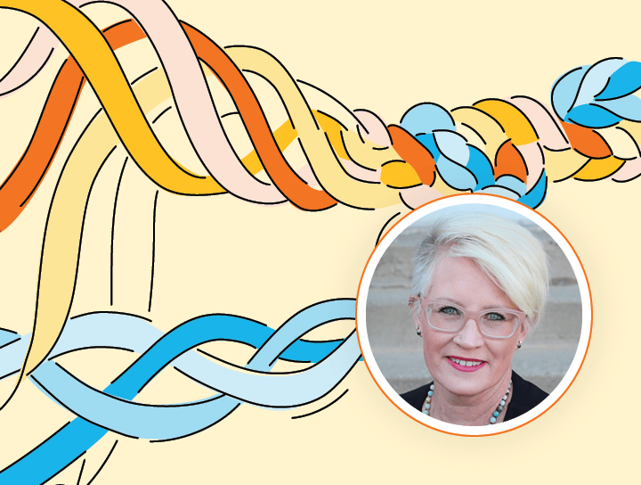 Illustration of a smiling elderly woman with short blond hair, superimposed on a colorful background of intertwined ribbons, designed for a K-5 literacy program.