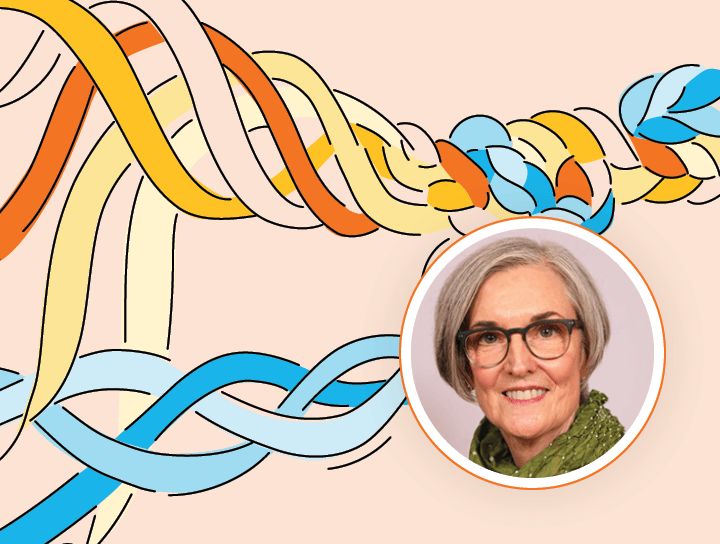 Illustration of colorful intertwined ribbons and a portrait of an elderly woman with gray hair and glasses in a circular frame, symbolizing k-5 dyslexia support.