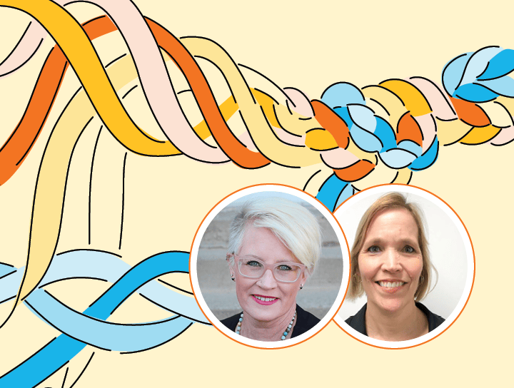 Illustration of colorful intertwined ropes with portrait photos of two women enclosed in circular frames, set against a pale yellow background, designed to amplify ELA concepts.