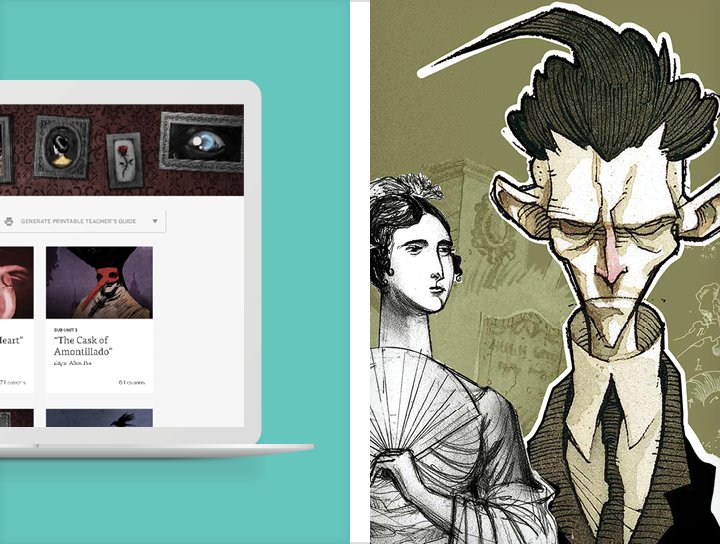 A split image with a laptop displaying an art website featuring the Amplify ELA 6-8 literacy program on the left, and an illustration of a humanoid figure with exaggerated features on the right.
