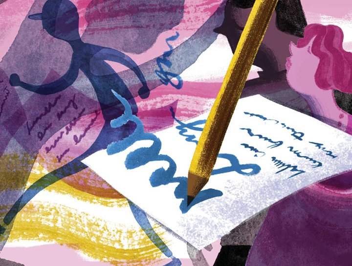 Illustration of a pencil writing on a paper with abstract colorful shapes and shadowy figures in the background, designed for the Amplify ELA middle school literacy program.