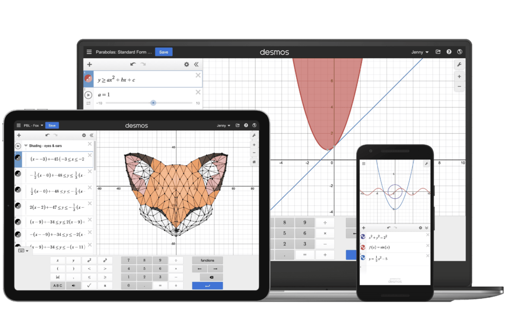 Three devices displaying various geometric graph plots on the Desmos application, enhancing the student learning experience, including a tablet with a triangle, a desktop with a fox, and a smartphone with sine waves.