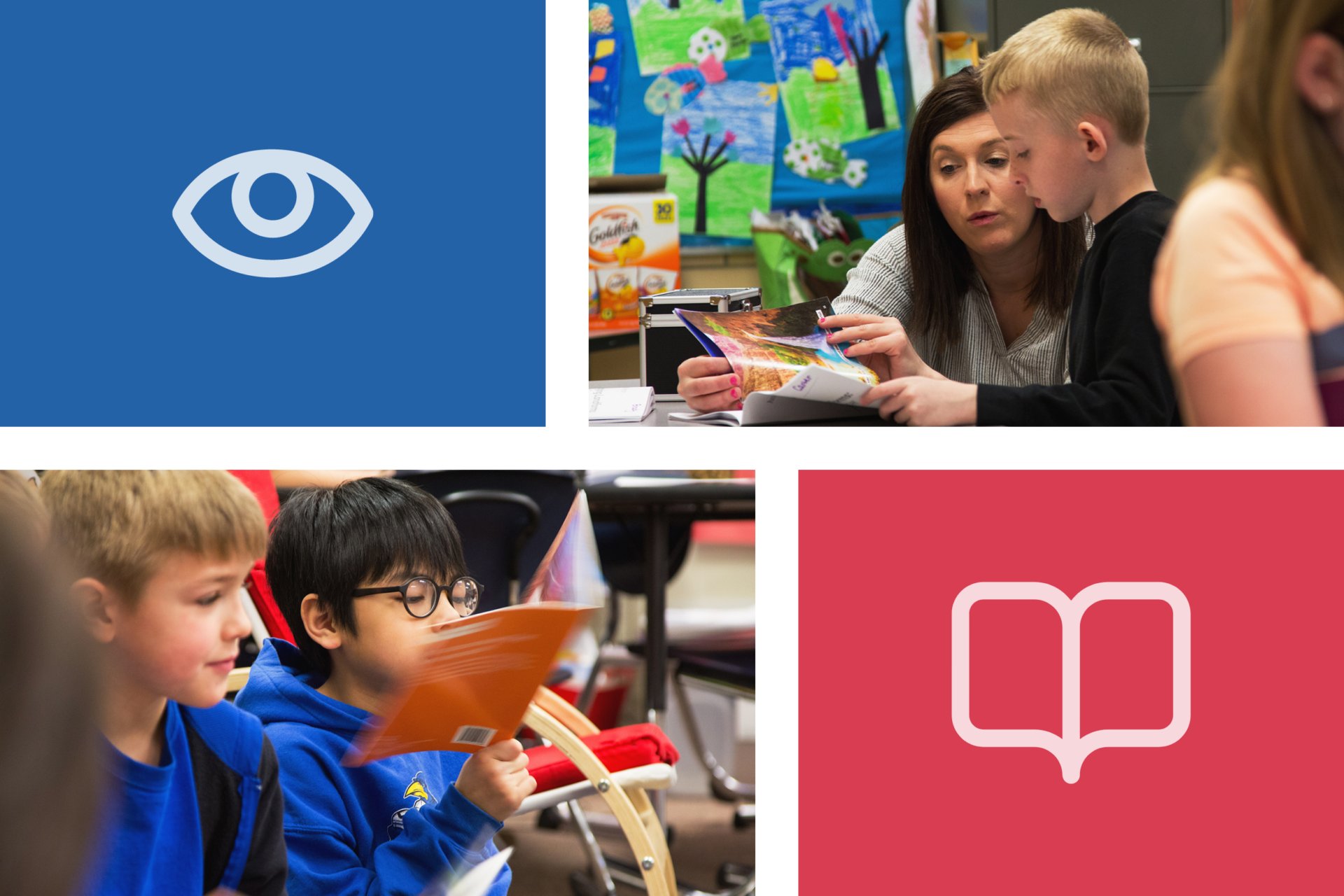 Collage of four images depicting an eye symbol, a teacher and student reading about dyslexia, students reading in class, and a book icon on a red background.