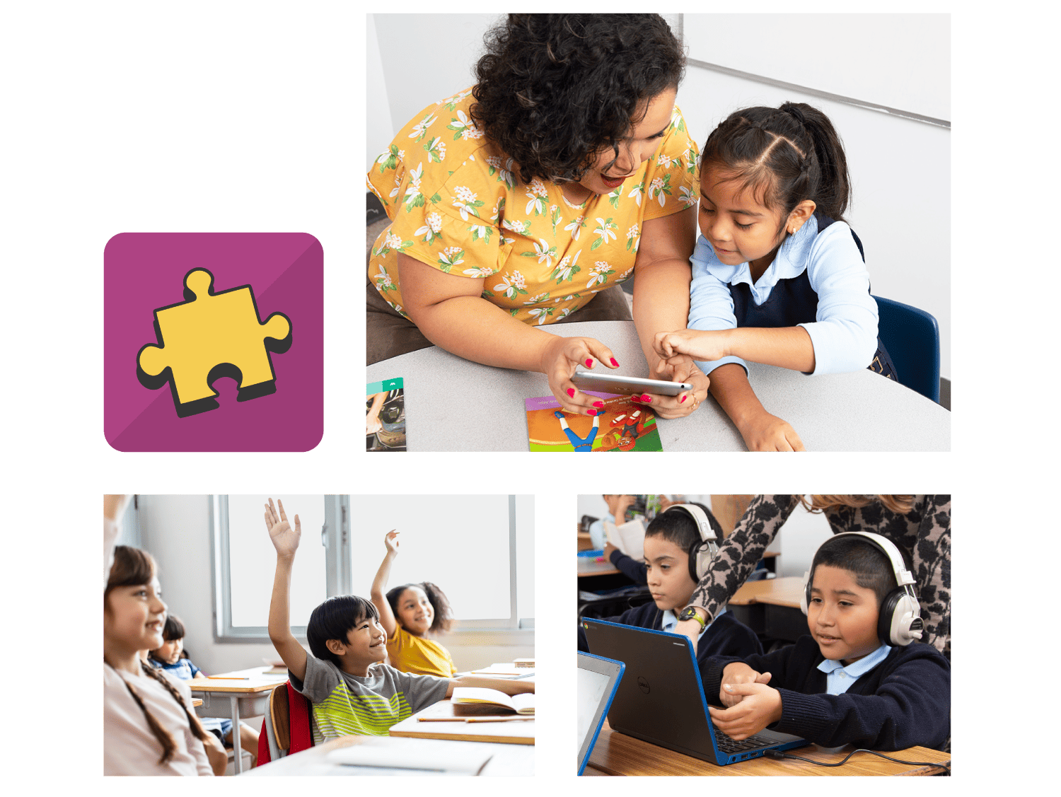 Collage of educational scenes: a woman and girl using a tablet, students in a classroom receiving tutoring services, and a boy with headphones at a computer.