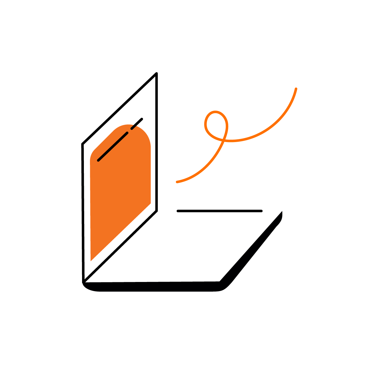 A minimalist graphic of an orange door slightly ajar, with a key hanging in the keyhole and its keychain forming an infinity symbol, representing endless customer support.