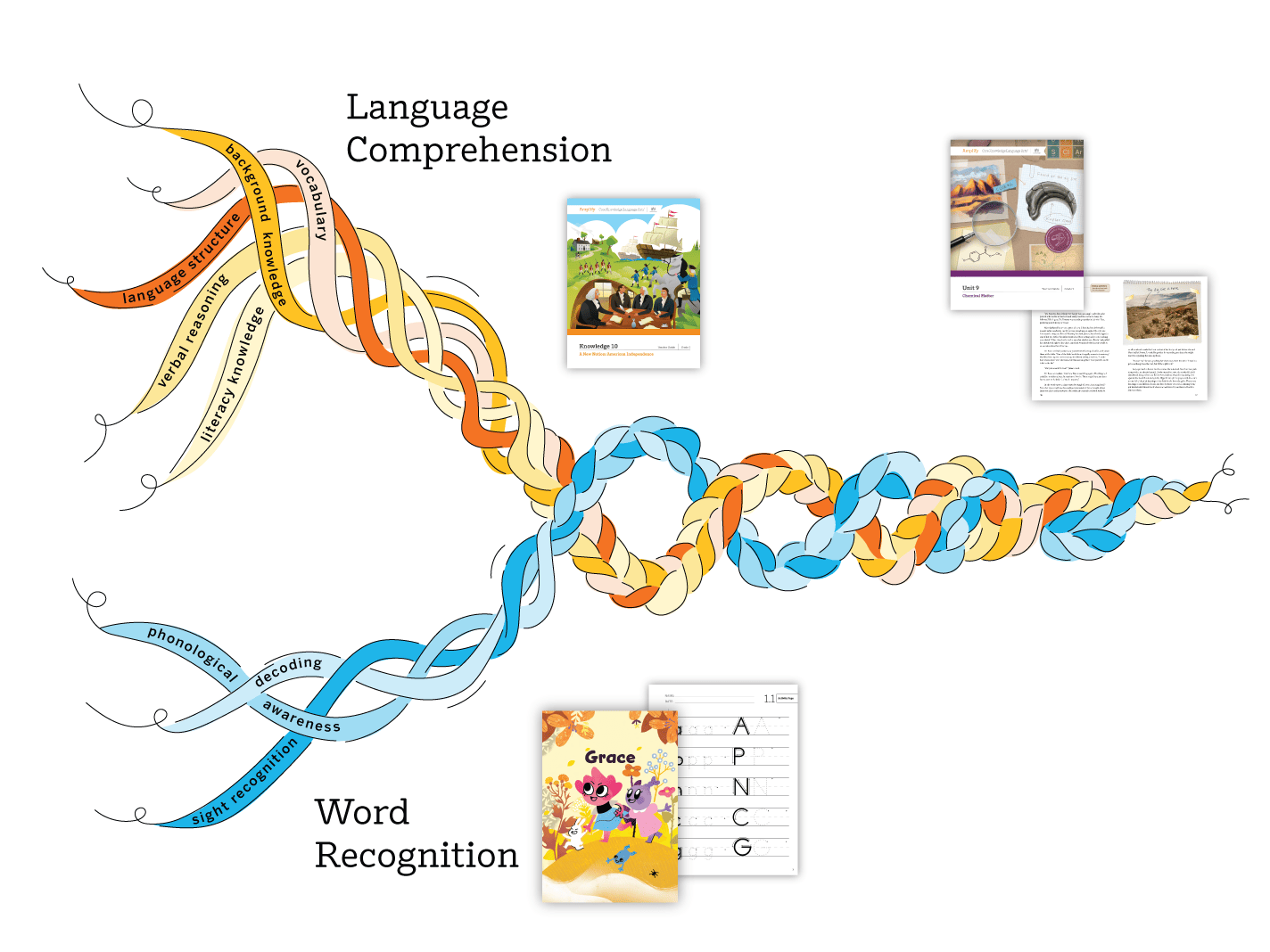 Reading rope showing knowledge-building and skill-development strands, and the merging of language comprehension and word recognition