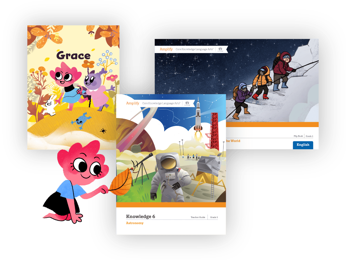 Illustration montage featuring scenes of learning: a cartoon character with books, two people shoveling snow under the stars, and an astronaut on a lunar landscape, with educational interfaces.